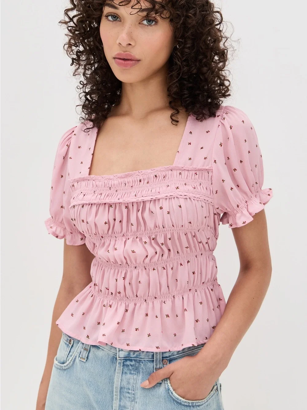 Free People Mauve Dot Smocked Crop Top
